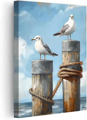 PBXBJY Coastal Wall Art Seaside Seagulls Canvas Prints Ocean Beach Bird Picture Rustic Nautical Painting Seascape Artwork for Bathroom Laundry Decor Framed (12.00" x 18.00")