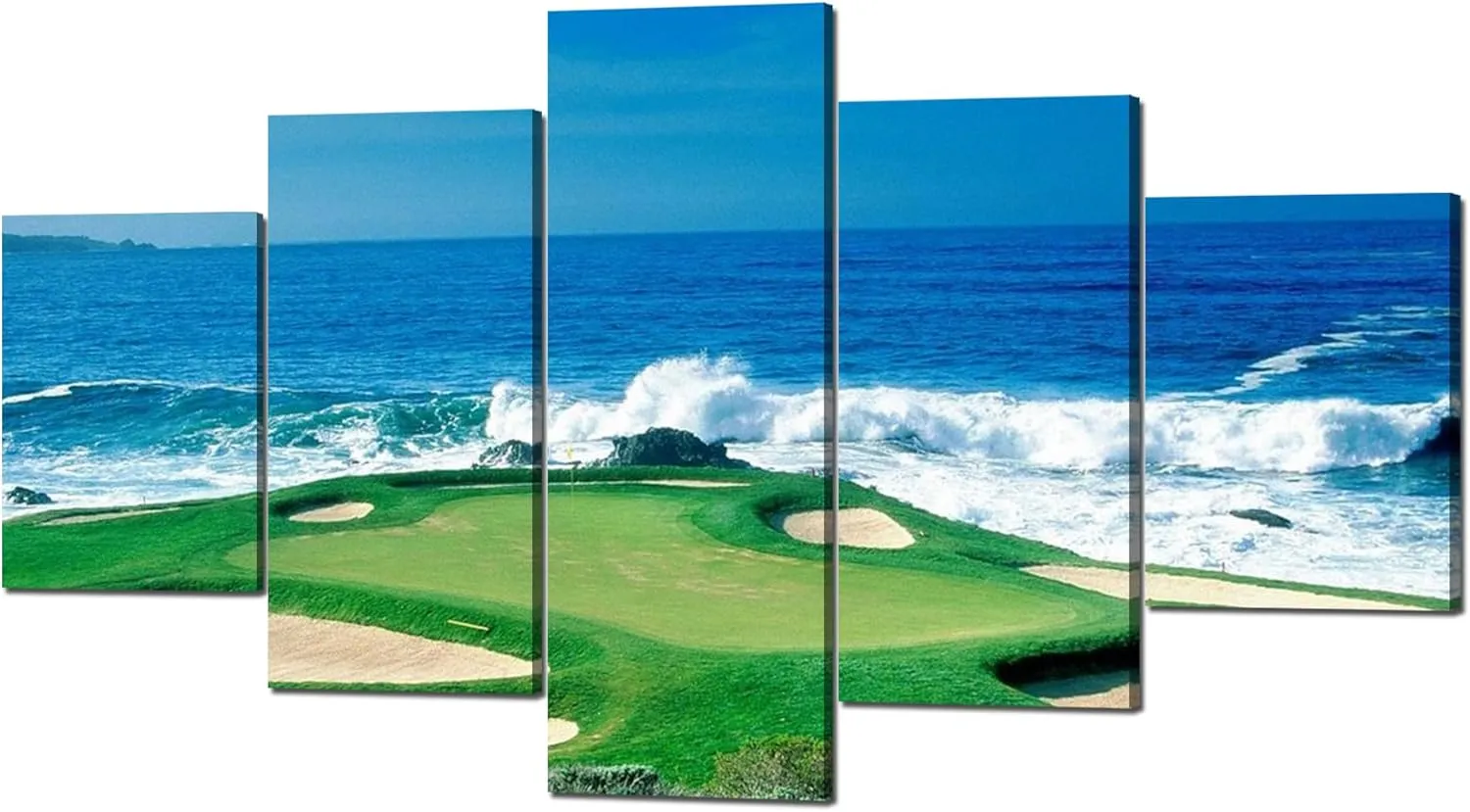 Pebble Beach Golf Course-California, USA Wall Art Canvas Prints Wall Decor Picture 5 Panel Blue Sky Sea Golf Course Coast Decorations for Home Office Framed Stretched Ready to Hang(60''Wx32''H)