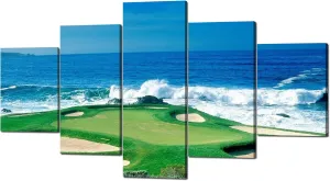 Pebble Beach Golf Course-California, USA Wall Art Canvas Prints Wall Decor Picture 5 Panel Blue Sky Sea Golf Course Coast Decorations for Home Office Framed Stretched Ready to Hang(60''Wx32''H)