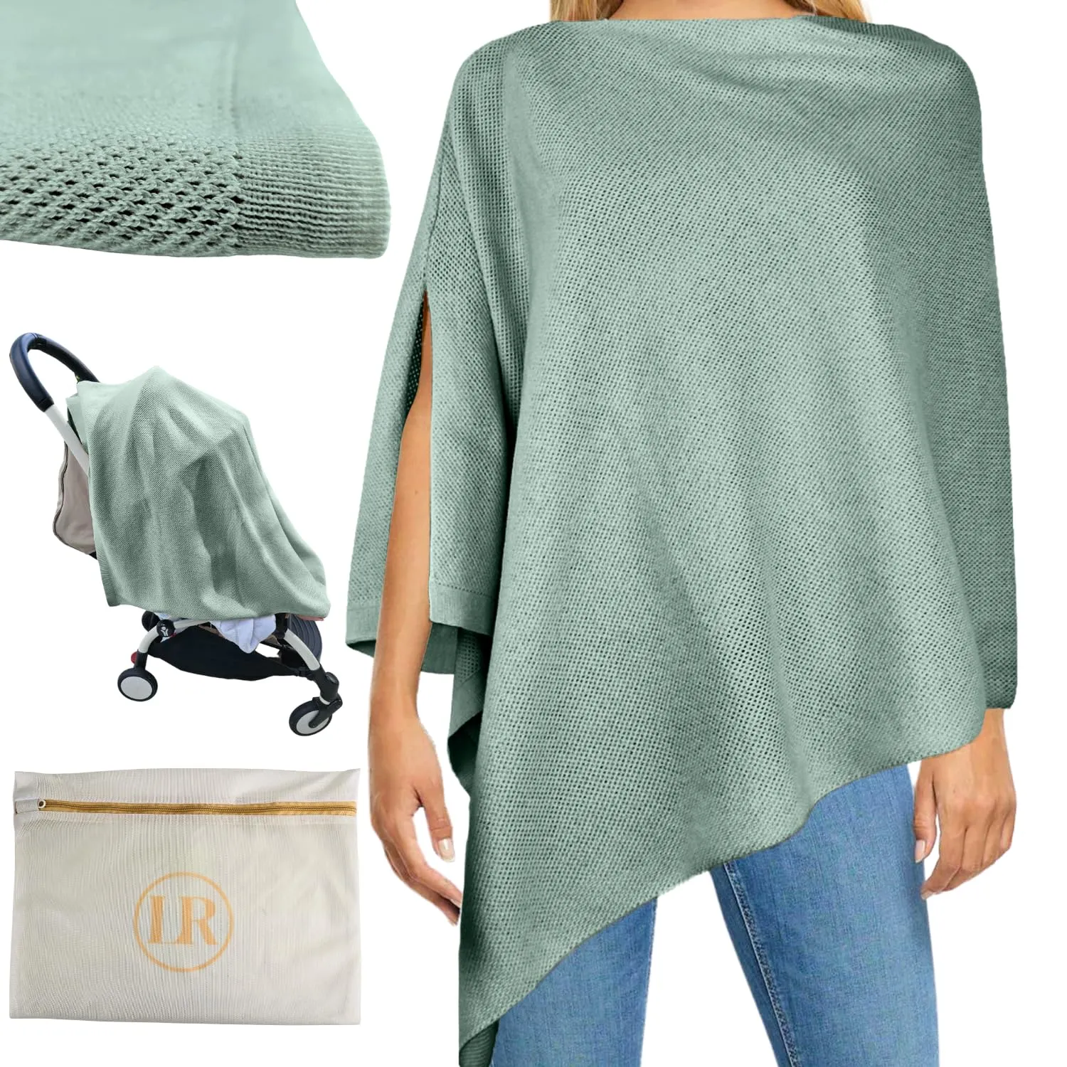 Peekaboo Nursing Cover Up for Breastfeeding - Breathable Knit - Soft Organic Cotton & Cashmere Breast Feeding Poncho for Women - Privacy Feature - Includes Mesh Laundry Bag (Sage)