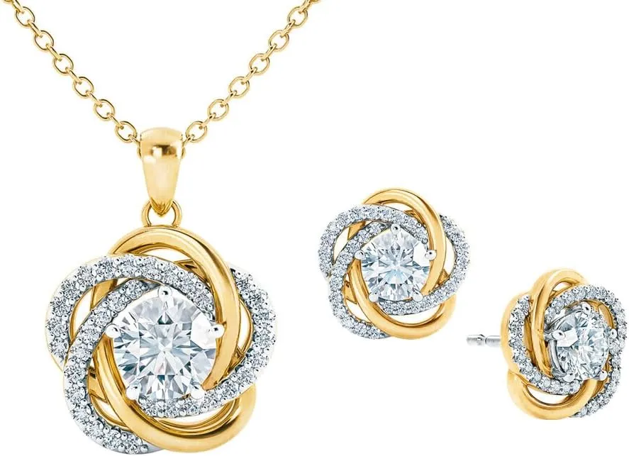 Perfectly Paired Love Knot Necklace w/ Love Knot Earrings, Matching Necklace & Earrings Set, 14k Gold Plated Necklace for Women, Luxurious Pendant w/ Over 85 Diamonisse Stones #4922-0098