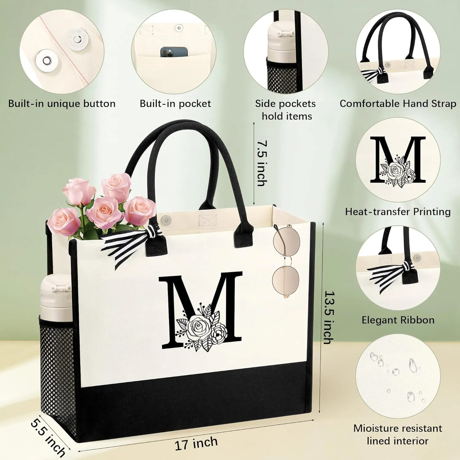 Personalized Name Tote Bag for Women, Birthday Best Friend Bridesmaid Gifts for Women Canvas Initial Tote Bags