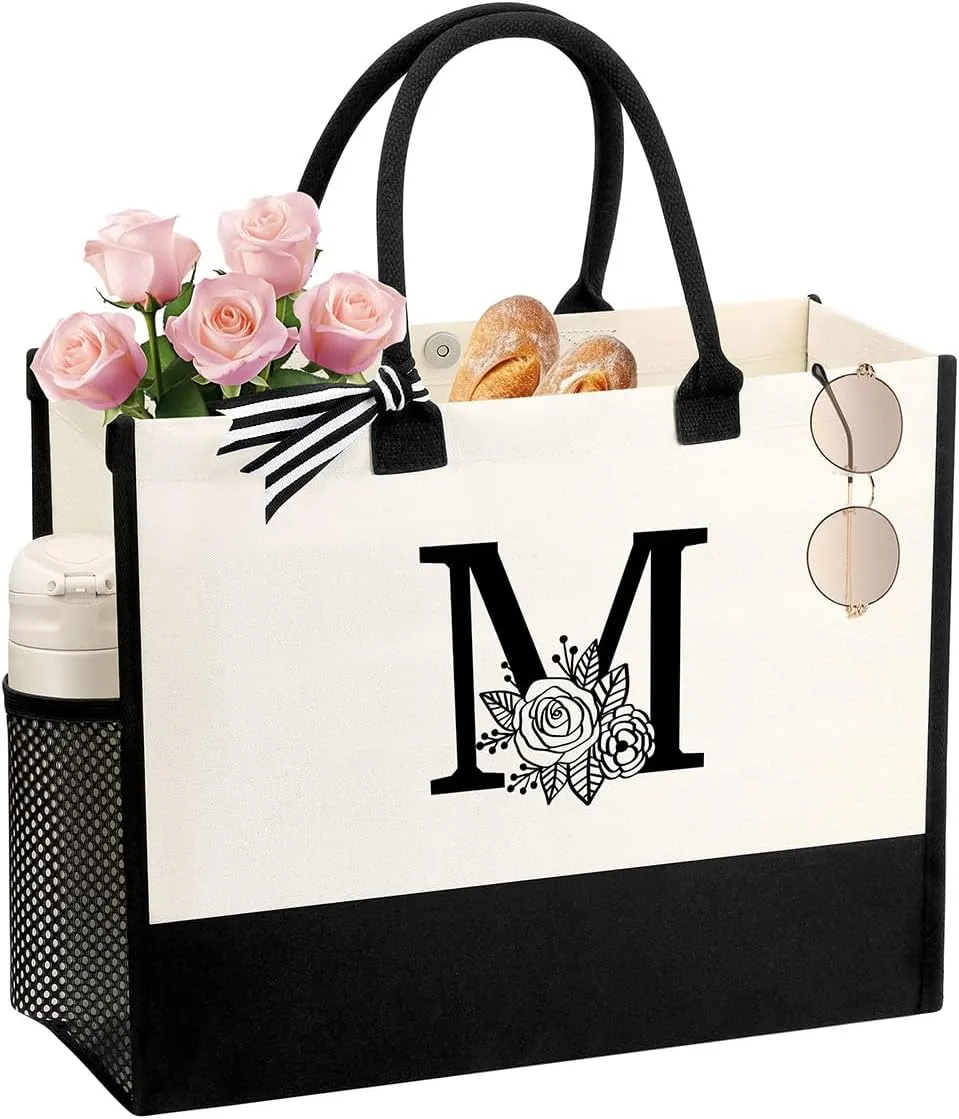 Personalized Name Tote Bag for Women, Birthday Best Friend Bridesmaid Gifts for Women Canvas Initial Tote Bags