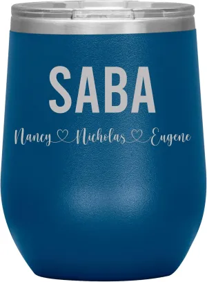 Personalized Saba And Cubs Wine Tumbler 12 Oz - Custom Tumbler With Child's Name - Engraved Insulated Stainless Steel - Birthday Gifts For Saba - Father's Day (Blue)
