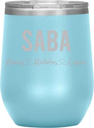 Personalized Saba And Cubs Wine Tumbler 12 Oz - Custom Tumbler With Child's Name - Engraved Insulated Stainless Steel - Birthday Gifts For Saba - Father's Day (Light Blue)