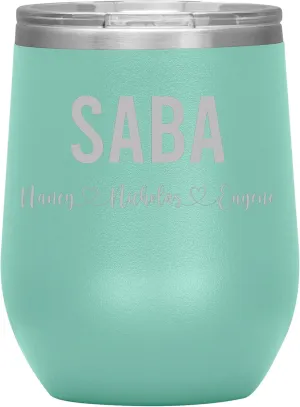 Personalized Saba And Cubs Wine Tumbler 12 Oz - Custom Tumbler With Child's Name - Engraved Insulated Stainless Steel - Birthday Gifts For Saba - Father's Day (Teal)