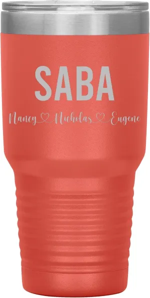 Personalized Saba And Cubs Wine Tumbler 30 Oz - 12 Colors - Custom Tumbler With Child's Name - Engraved Insulated Stainless Steel - Birthday Gifts For Saba - Father's Day (Coral)