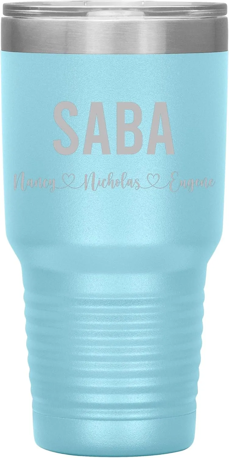 Personalized Saba And Cubs Wine Tumbler 30 Oz - 12 Colors - Custom Tumbler With Child's Name - Engraved Insulated Stainless Steel - Birthday Gifts For Saba - Father's Day (Light Blue)