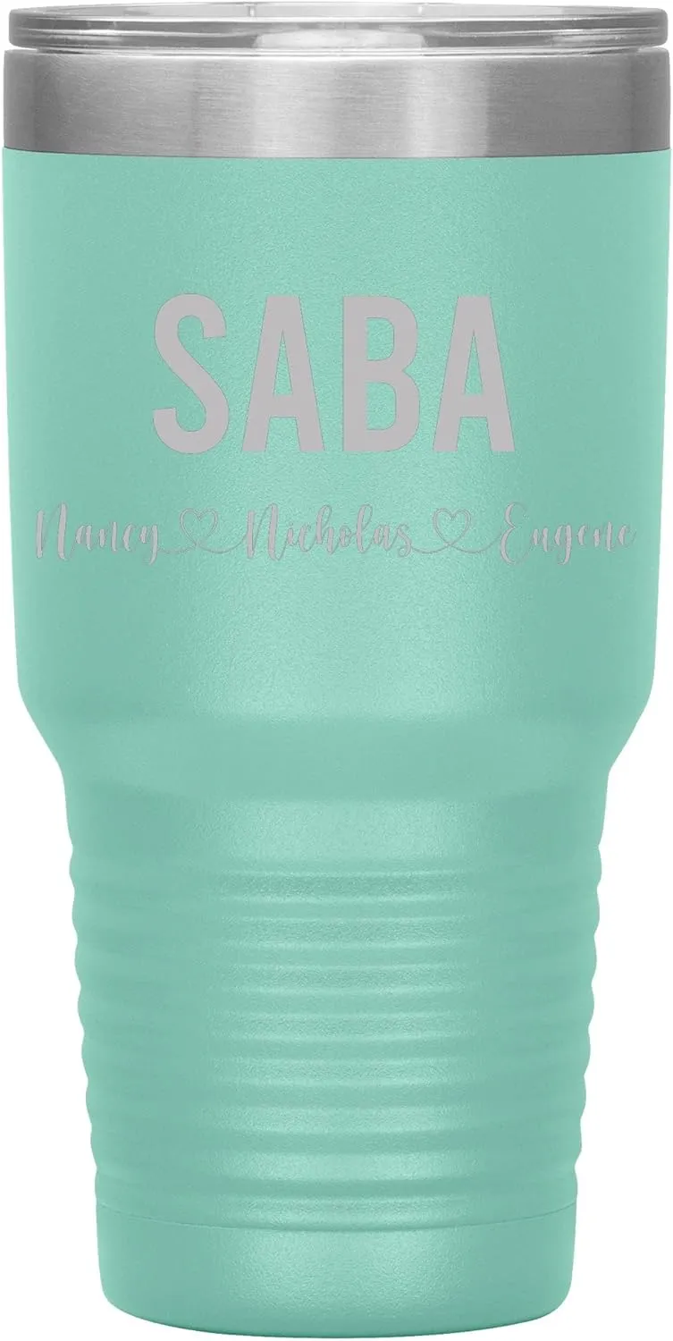 Personalized Saba And Cubs Wine Tumbler 30 Oz - 12 Colors - Custom Tumbler With Child's Name - Engraved Insulated Stainless Steel - Birthday Gifts For Saba - Father's Day (Teal)