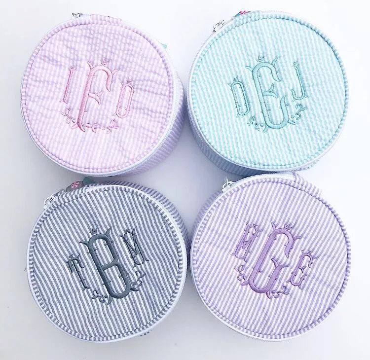 Personalized Seersucker Grey Round Multi Purpose Pouch