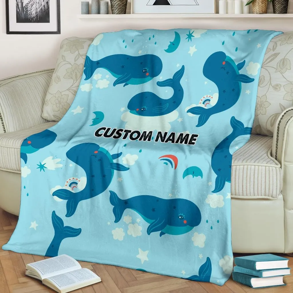 Personalized Whale Blanket – Custom Name Blue Ocean Throw for Kids or Baby, Cute Whale Fleece Blanket Gift for Boys & Girls (Large 60x80 Inches)