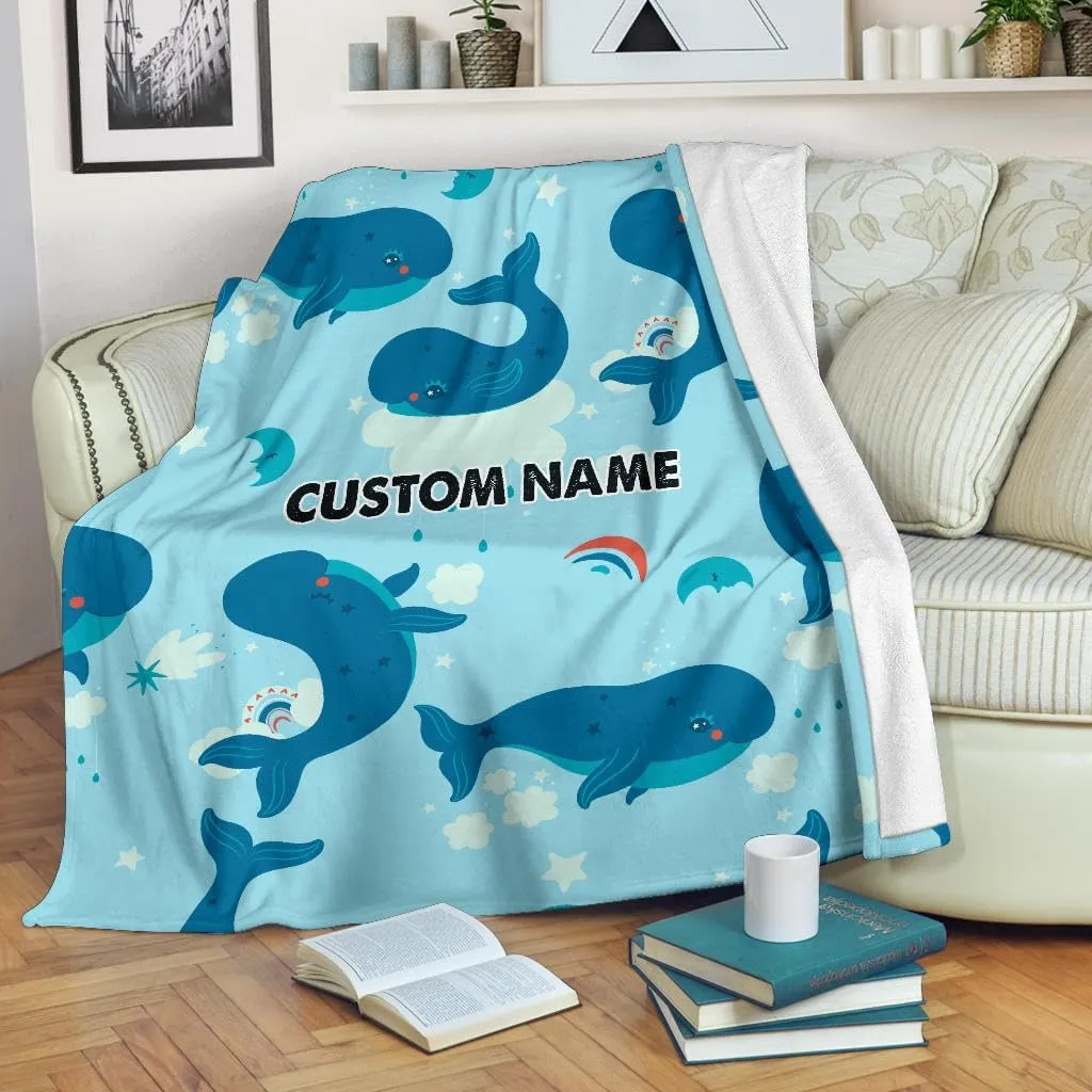Personalized Whale Blanket – Custom Name Blue Ocean Throw for Kids or Baby, Cute Whale Fleece Blanket Gift for Boys & Girls (Large 60x80 Inches)