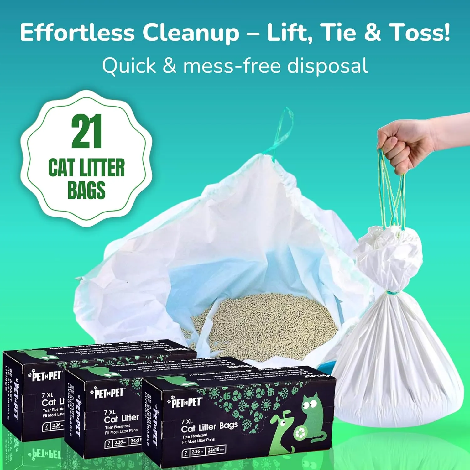 PET N PET Cat Litter Box Liners Bags Extra Large, Heavy Duty Tear Resistant & Drawstring Closure Cat Litter Bags, Waterproof Kitty Box Liners Fits Litterbox Pan Sizes, 34" x 18", 21 Count