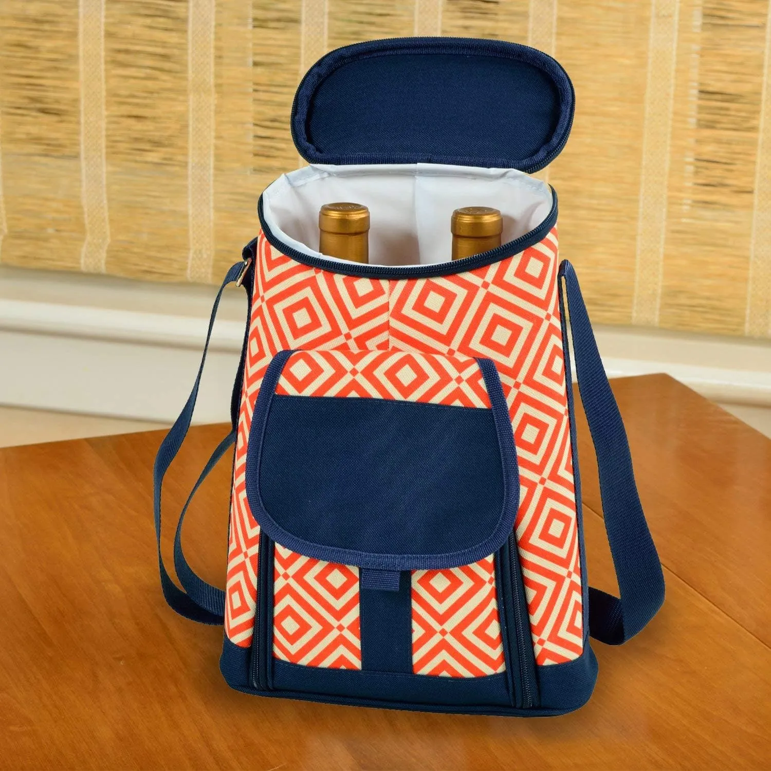 Picnic at Ascot Stylish 2 Bottle Insulated Wine Tote Bag with Cheese Board, Knife and Corkscrew - Orange/Navy