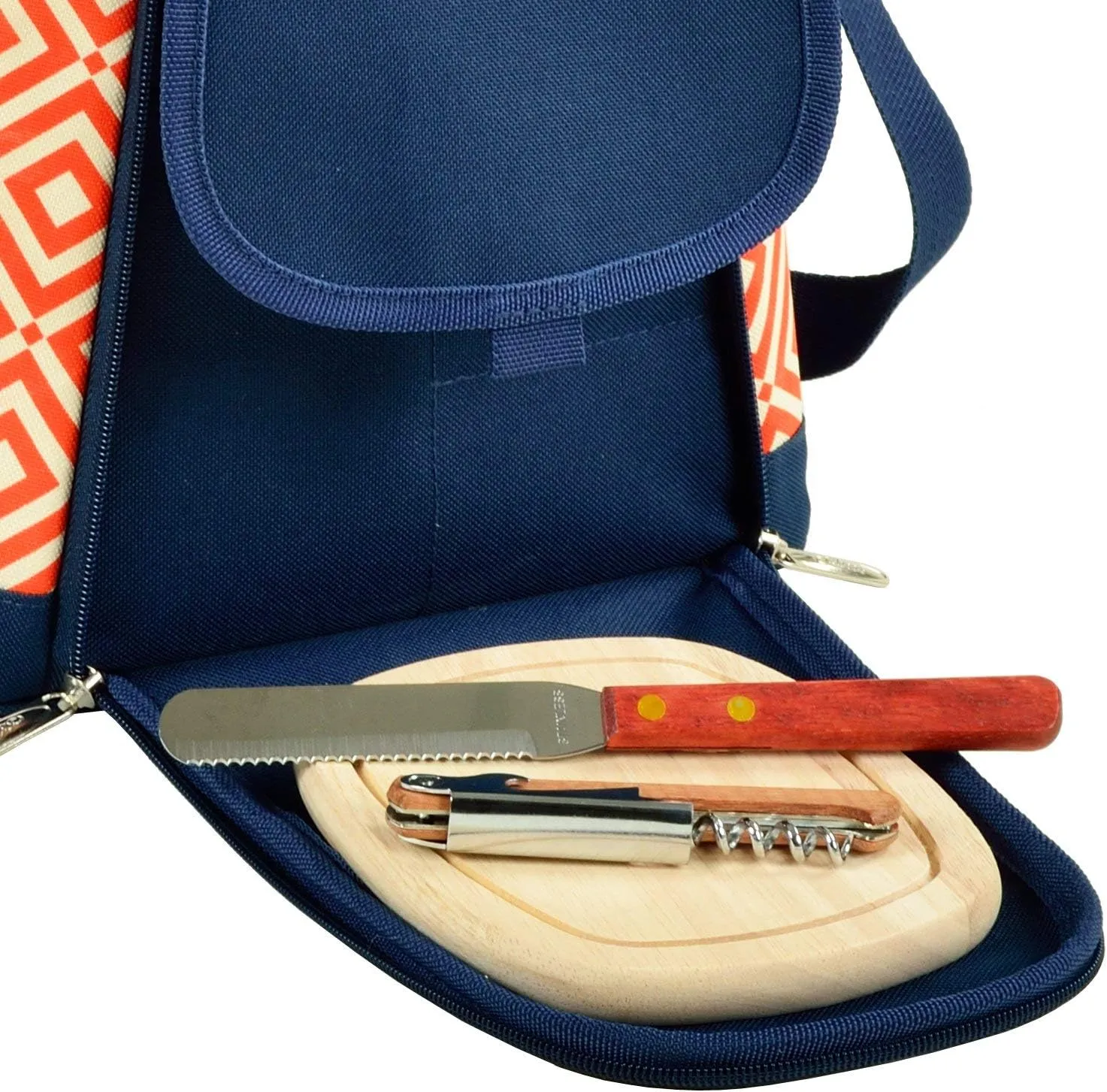 Picnic at Ascot Stylish 2 Bottle Insulated Wine Tote Bag with Cheese Board, Knife and Corkscrew - Orange/Navy