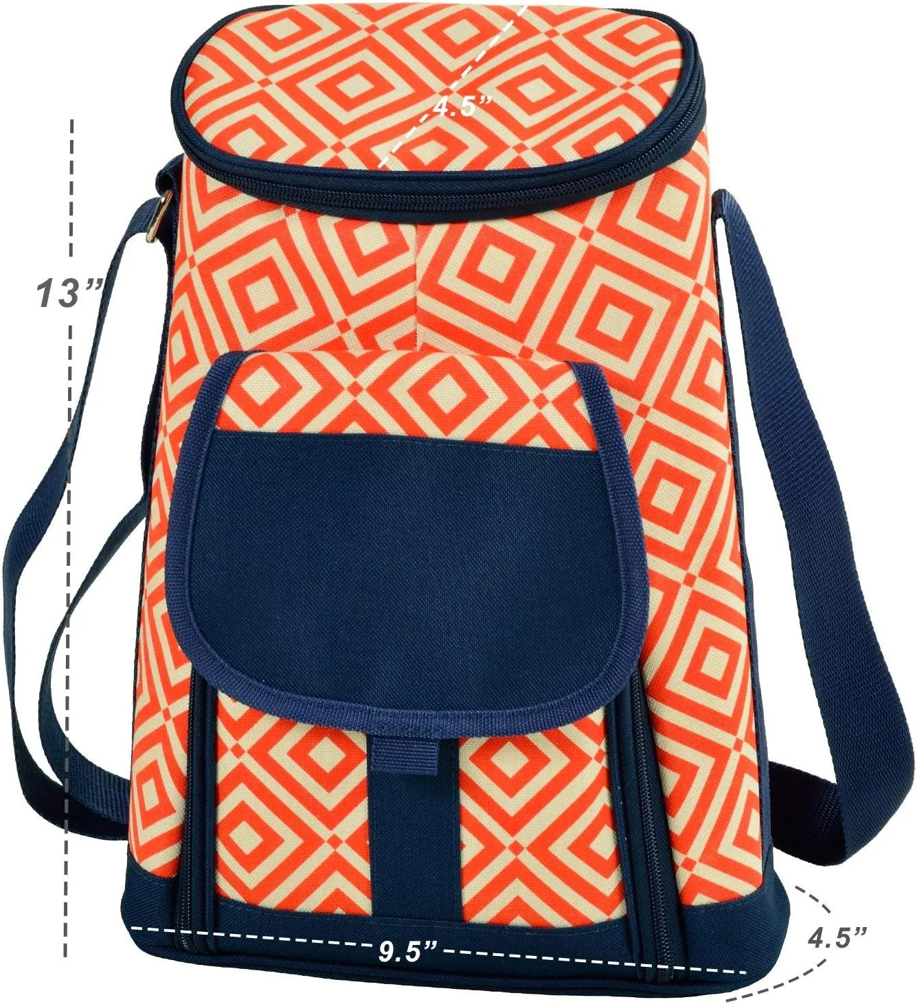 Picnic at Ascot Stylish 2 Bottle Insulated Wine Tote Bag with Cheese Board, Knife and Corkscrew - Orange/Navy