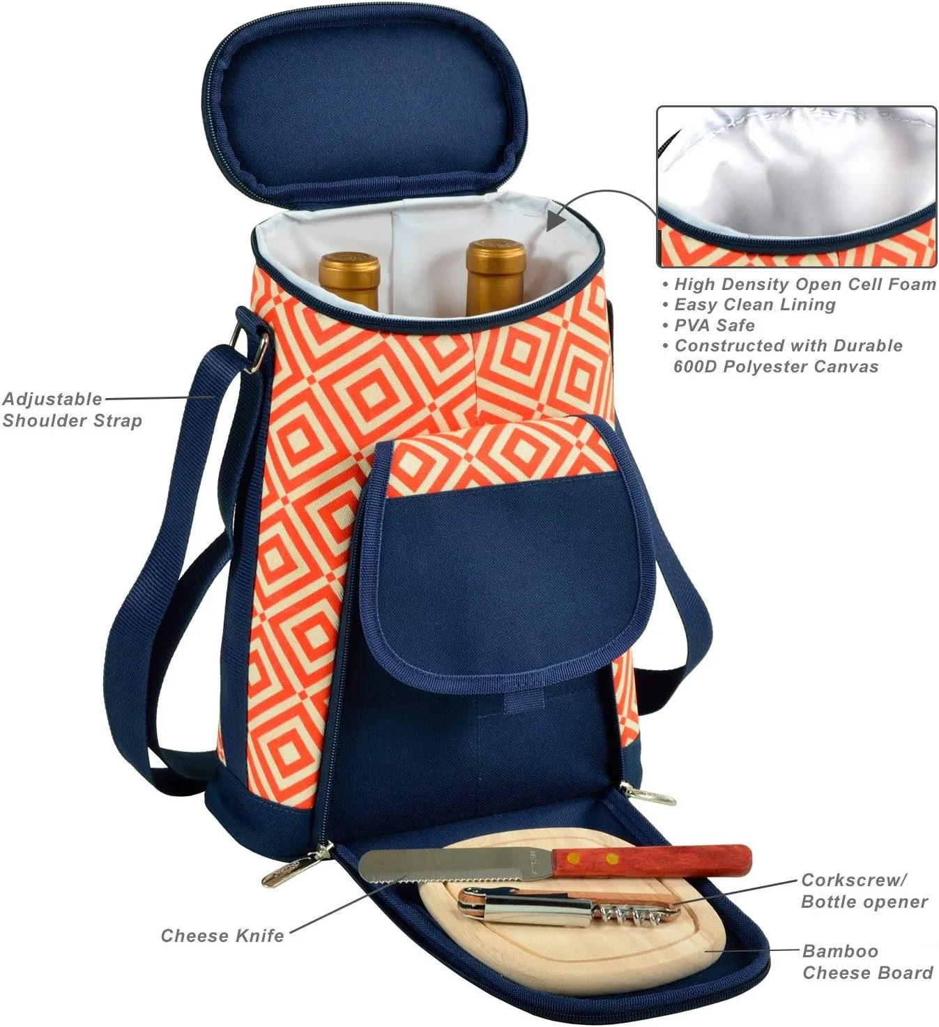 Picnic at Ascot Stylish 2 Bottle Insulated Wine Tote Bag with Cheese Board, Knife and Corkscrew - Orange/Navy