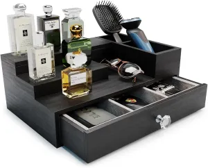 Pine Wood Cologne Stand Organizer for Men, 3 Tier Cologne Display Shelf Organizer with Hidden Compartment and Velvet Lining Drawer, Perfume Display Holder