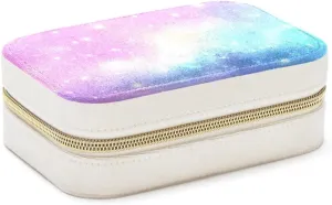 Pink Fantasy Sky and Glitter Stars Pattern Jewelry Box Necklace Ring Storage Organizer, PU Leather Jewelry case Portable Travel Jewelry Organizer for Women Girls