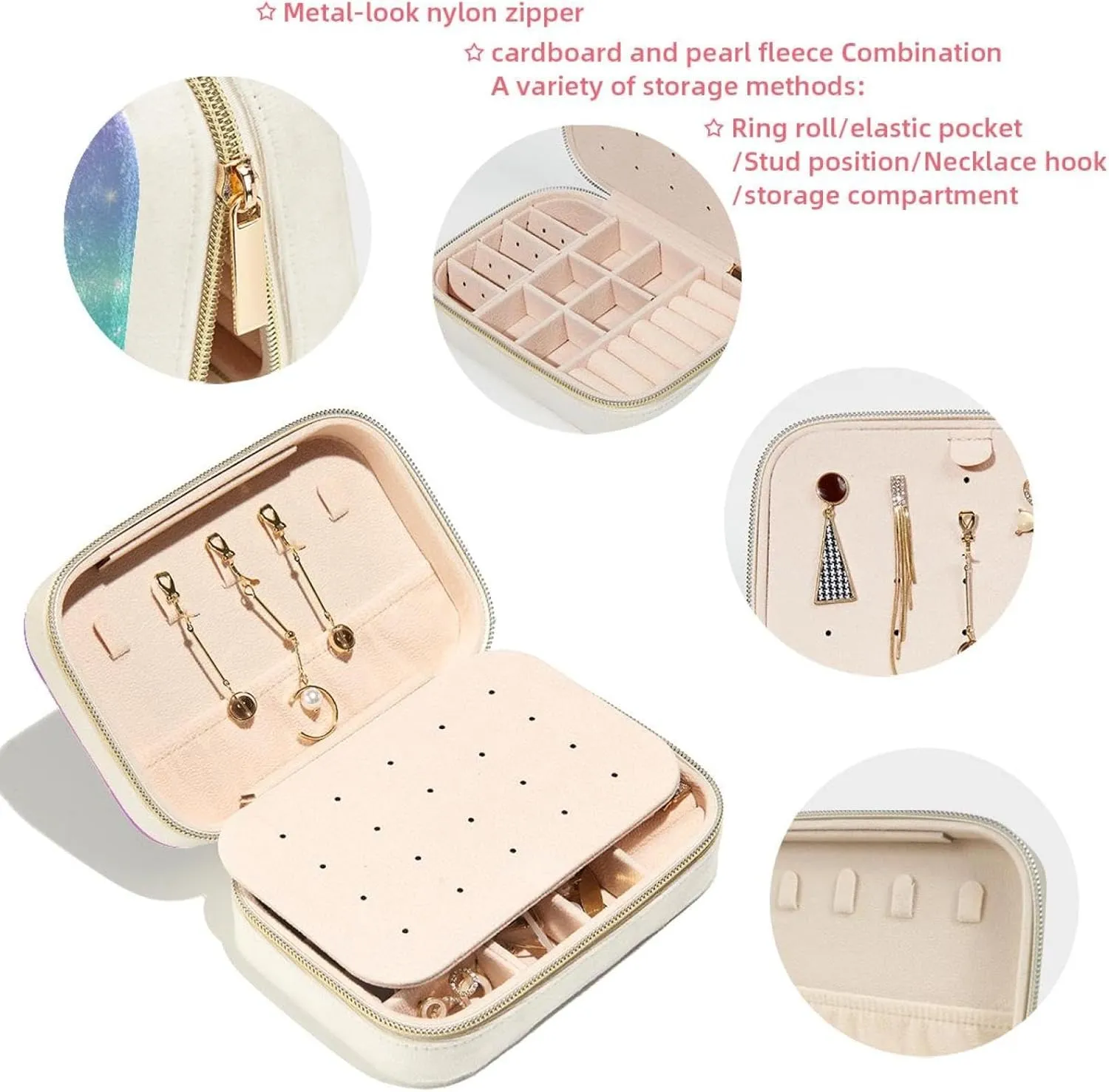 Pink Fantasy Sky and Glitter Stars Pattern Jewelry Box Necklace Ring Storage Organizer, PU Leather Jewelry case Portable Travel Jewelry Organizer for Women Girls