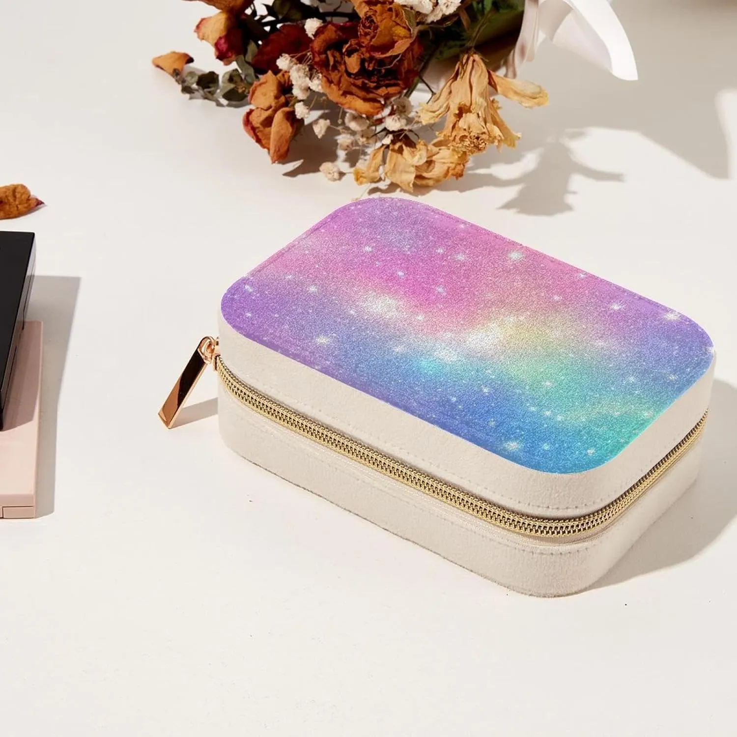 Pink Fantasy Sky and Glitter Stars Pattern Jewelry Box Necklace Ring Storage Organizer, PU Leather Jewelry case Portable Travel Jewelry Organizer for Women Girls
