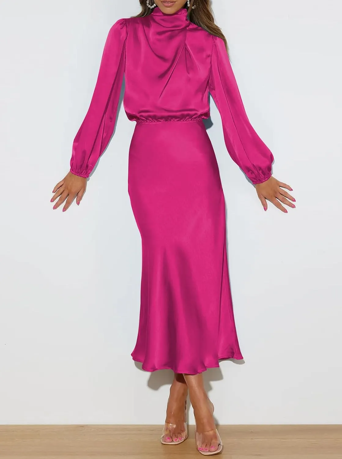 Pink Queen Women's Elegant Long Sleeve Satin Dress Mock Neck Elastic Waist Cocktail Party Wedding Guest Midi Dresses