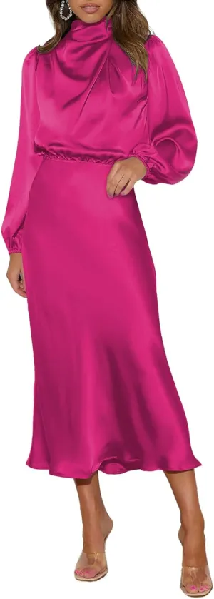 Pink Queen Women's Elegant Long Sleeve Satin Dress Mock Neck Elastic Waist Cocktail Party Wedding Guest Midi Dresses