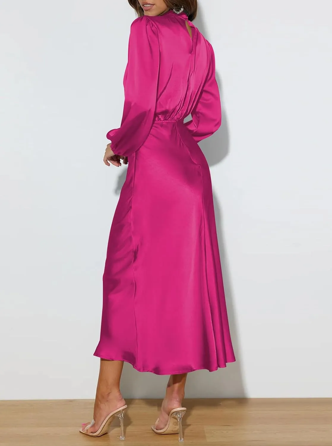 Pink Queen Women's Elegant Long Sleeve Satin Dress Mock Neck Elastic Waist Cocktail Party Wedding Guest Midi Dresses