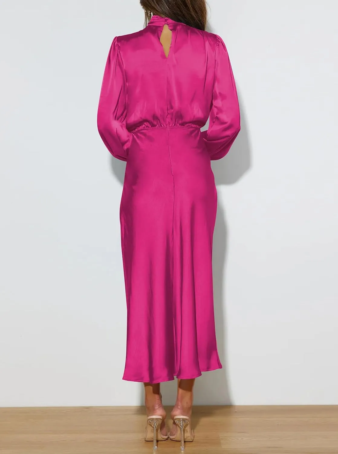 Pink Queen Women's Elegant Long Sleeve Satin Dress Mock Neck Elastic Waist Cocktail Party Wedding Guest Midi Dresses