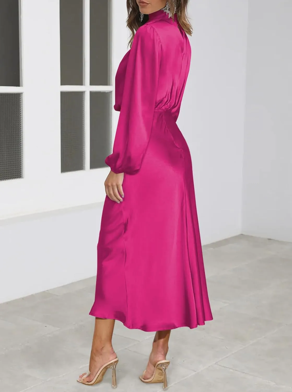 Pink Queen Women's Elegant Long Sleeve Satin Dress Mock Neck Elastic Waist Cocktail Party Wedding Guest Midi Dresses
