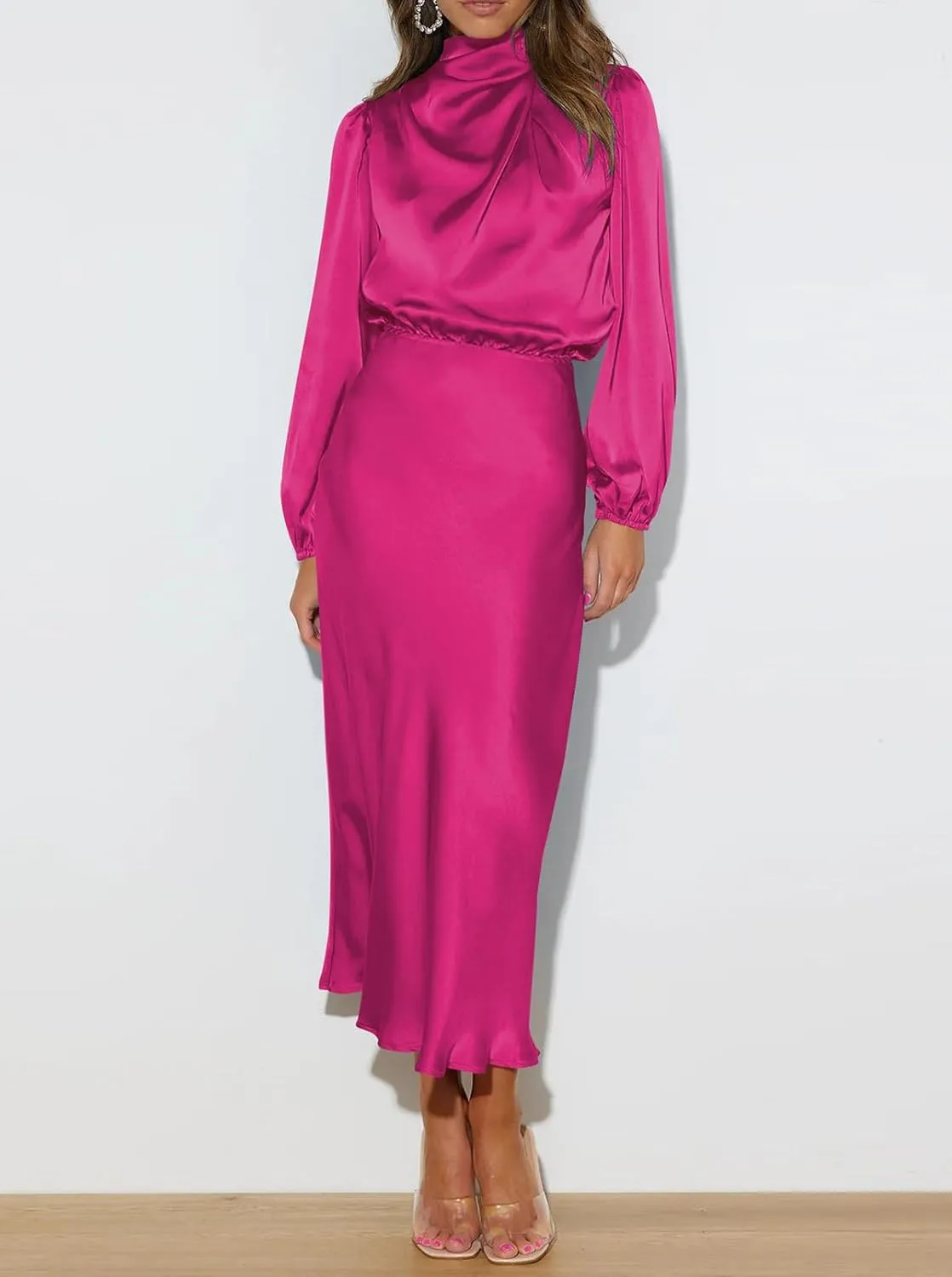 Pink Queen Women's Elegant Long Sleeve Satin Dress Mock Neck Elastic Waist Cocktail Party Wedding Guest Midi Dresses