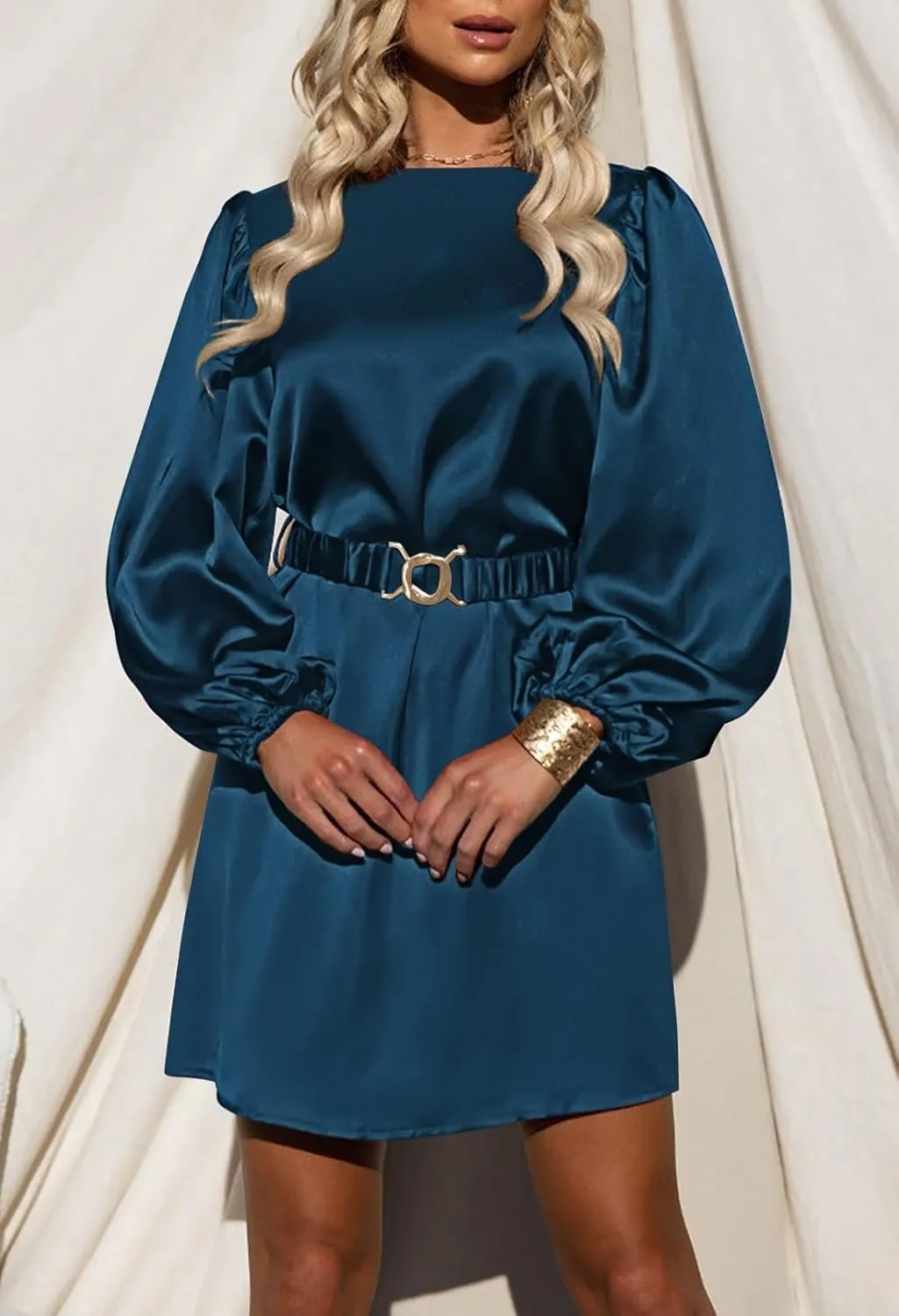 Pink Queen Women's Short Formal Satin Dress 2024 Fall Lantern Long Sleeve Boat Neck Metal Belt Cocktail Party Dresses