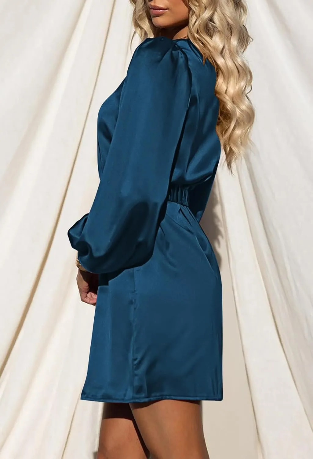 Pink Queen Women's Short Formal Satin Dress 2024 Fall Lantern Long Sleeve Boat Neck Metal Belt Cocktail Party Dresses