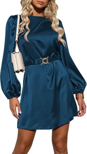 Pink Queen Women's Short Formal Satin Dress 2024 Fall Lantern Long Sleeve Boat Neck Metal Belt Cocktail Party Dresses