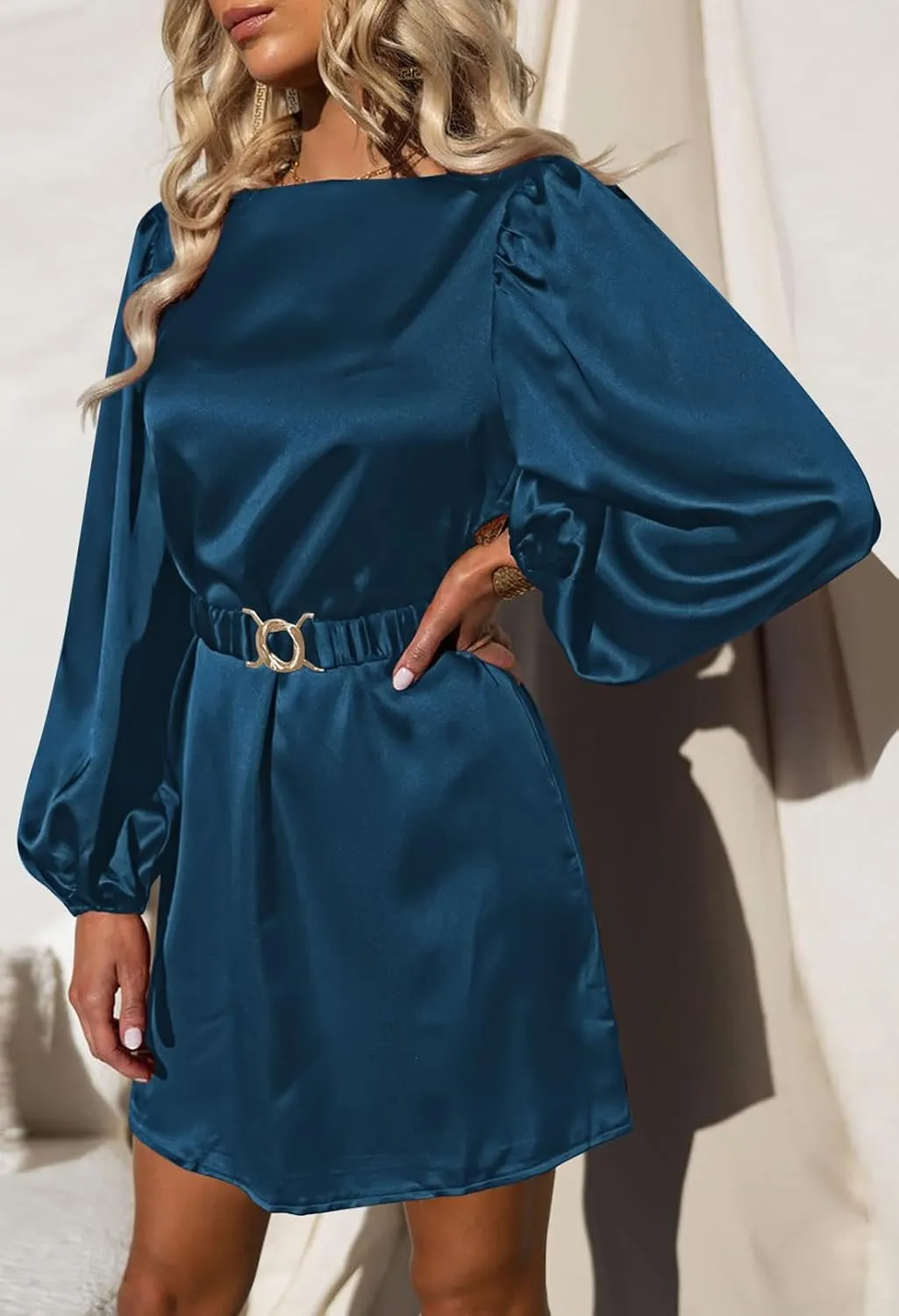 Pink Queen Women's Short Formal Satin Dress 2024 Fall Lantern Long Sleeve Boat Neck Metal Belt Cocktail Party Dresses