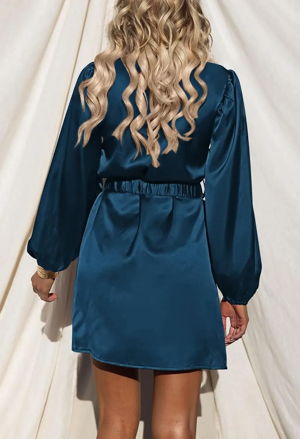 Pink Queen Women's Short Formal Satin Dress 2024 Fall Lantern Long Sleeve Boat Neck Metal Belt Cocktail Party Dresses