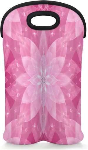 Pink symmetrical flowers Wine Carrier Tote, Neoprene Wine Bag, Holds 2 Bottles, Wine Bottle Holder for Travel, Travel Wine Bag with Safety Carrying Handle.