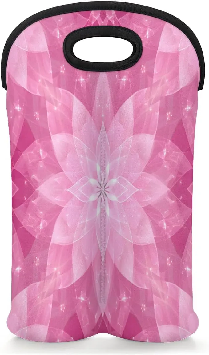 Pink symmetrical flowers Wine Carrier Tote, Neoprene Wine Bag, Holds 2 Bottles, Wine Bottle Holder for Travel, Travel Wine Bag with Safety Carrying Handle.