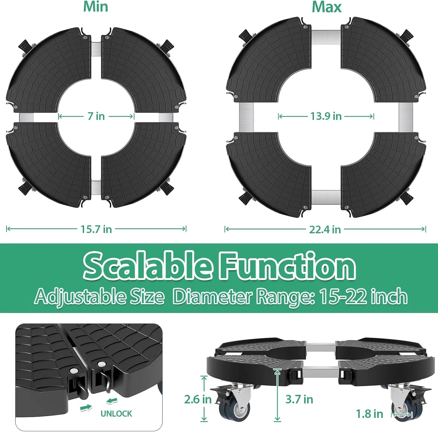 Plant Caddy with Lockable Wheels Heavy Duty 450lbs Capacity, 15-22 Inch Adjustable Plant Stand with Wheels Rolling base, Plant Dolly for Flower Pot Mover Indoor Outdoor, Black, 1 Pack