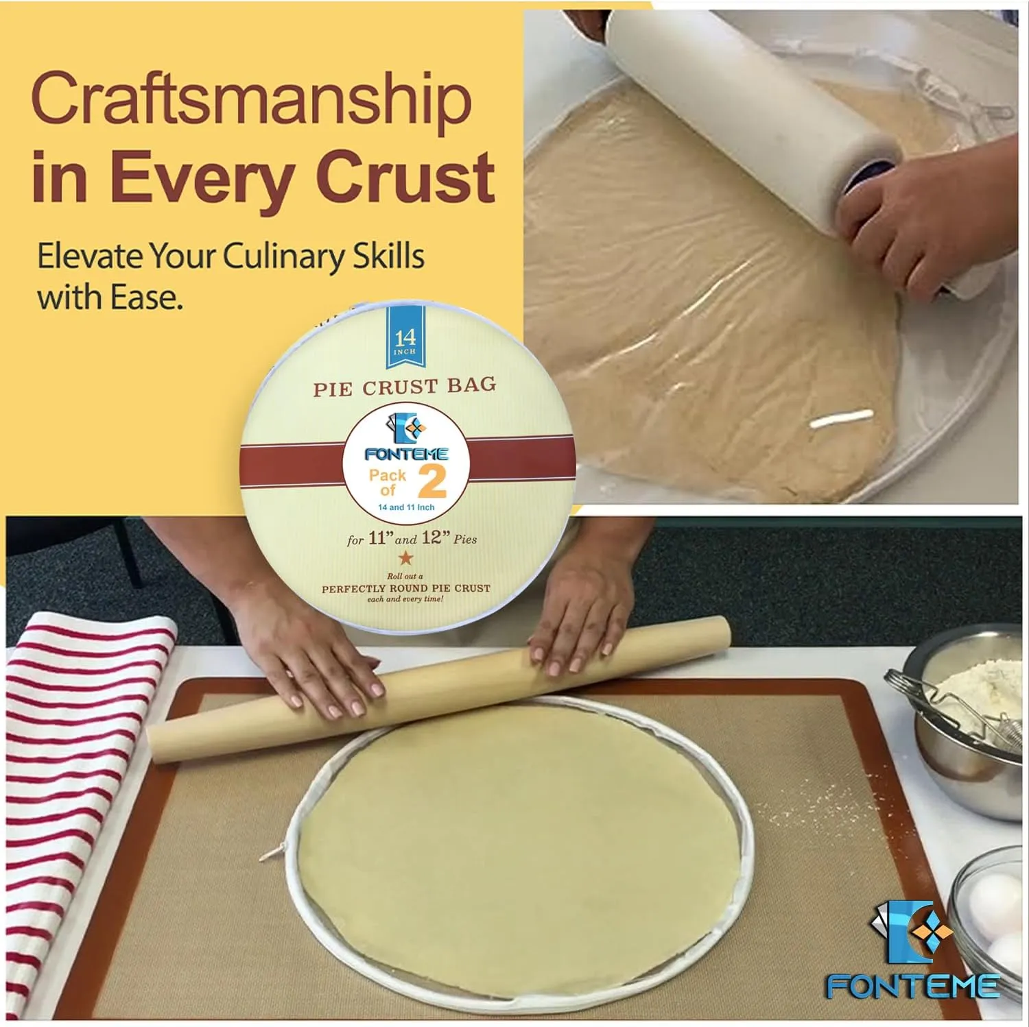 Plastic Pie Crust Dough Rolling Bag - Set of 2 (14") | Non-Stick Mess Free Pie Crust Dough Shaper | Ideal Dough Bag for Rolling Pie Crust, Cookie, Pastry, Pizza, and Pasta Dough