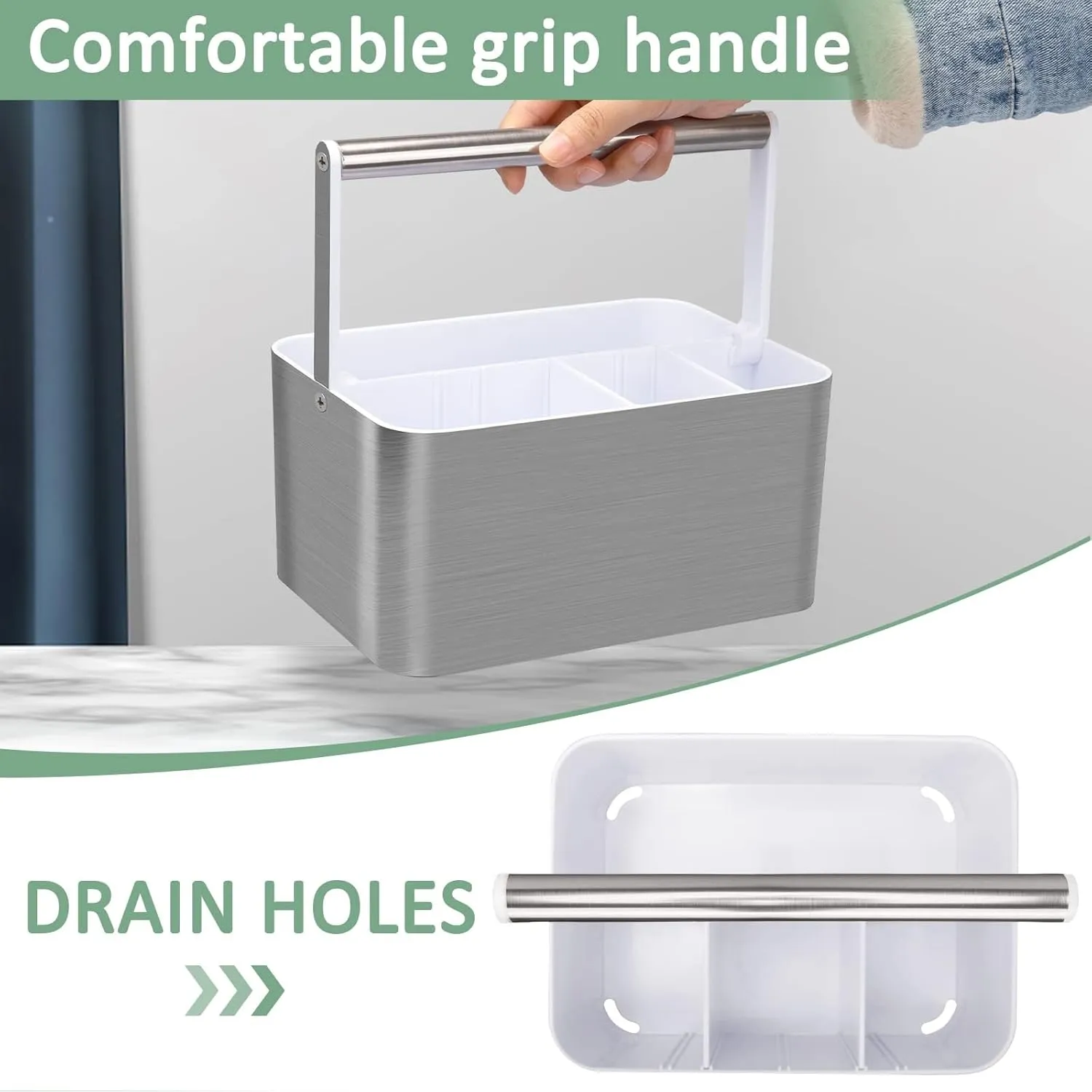 Plastic Shower Caddy Basket - Portable Large Bath Storage Organizer Bin Tote with Handle and divider for College Dorm,Cabinet,Bathroom Counter, Brushed Nickel White