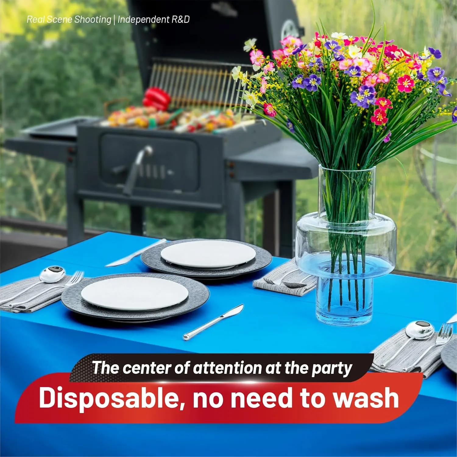 Plastic Table Cloth, 310 Ft X 54 in Disposable Tablecloth Blue Tablecloth Premium PEVA Plastic Table Cloth Disposable with Any Cut Sliding Cutters for Picnics, Parties, Birthdays, Festivals