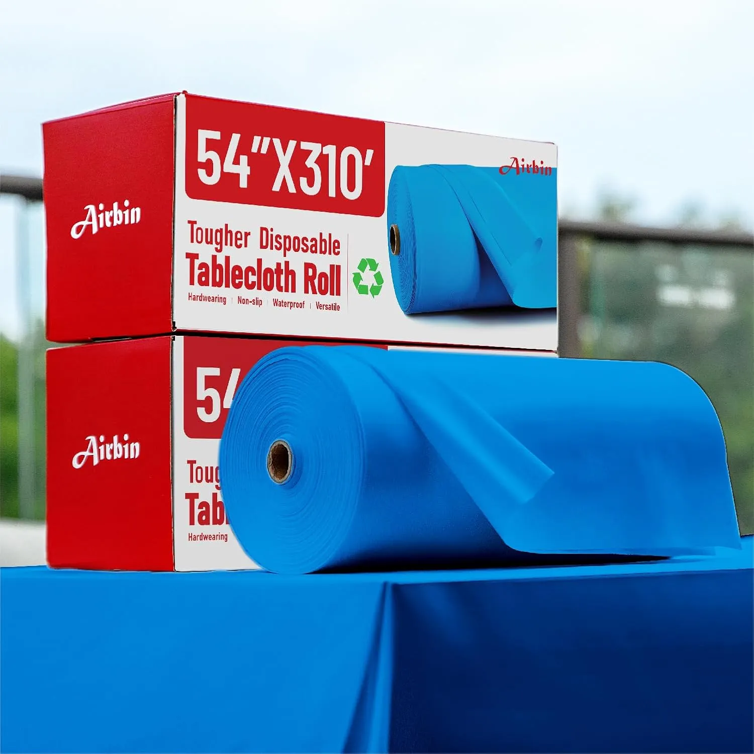 Plastic Table Cloth, 310 Ft X 54 in Disposable Tablecloth Blue Tablecloth Premium PEVA Plastic Table Cloth Disposable with Any Cut Sliding Cutters for Picnics, Parties, Birthdays, Festivals
