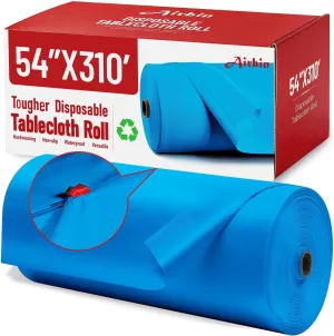 Plastic Table Cloth, 310 Ft X 54 in Disposable Tablecloth Blue Tablecloth Premium PEVA Plastic Table Cloth Disposable with Any Cut Sliding Cutters for Picnics, Parties, Birthdays, Festivals