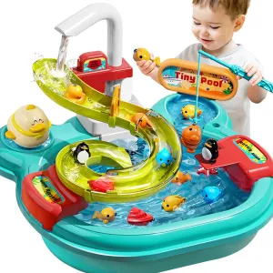 Play Sink with Running Water, 3-in-1 Toddler Kitchen Toys, Water Table, Fishing Set, Tracks, Pretend Play Kitchen Cleaning Set Water Toys for Toddlers 1-3