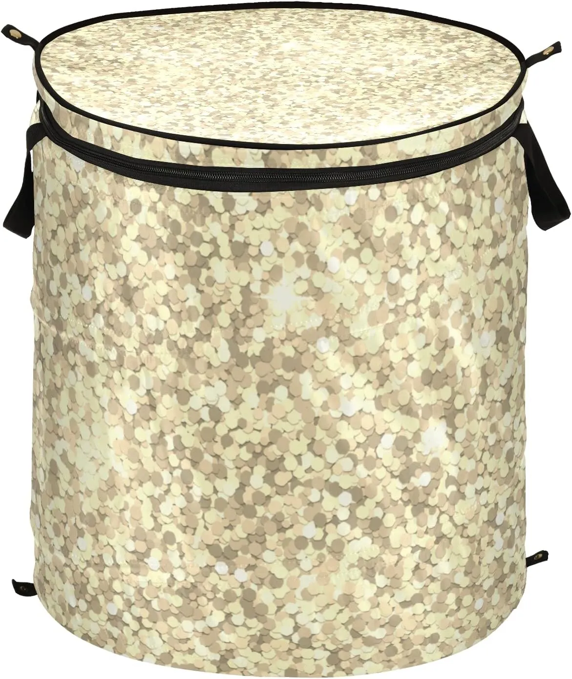 Poeticcity Golden Shiny Gold Glittering Background Yellow Holiday Tinsel Pop Up Laundry Hamper, Collapsible Dirty Clothes Basket with Zipper Lid, Storage Bag Washing Bin for Room College Dorm Travel