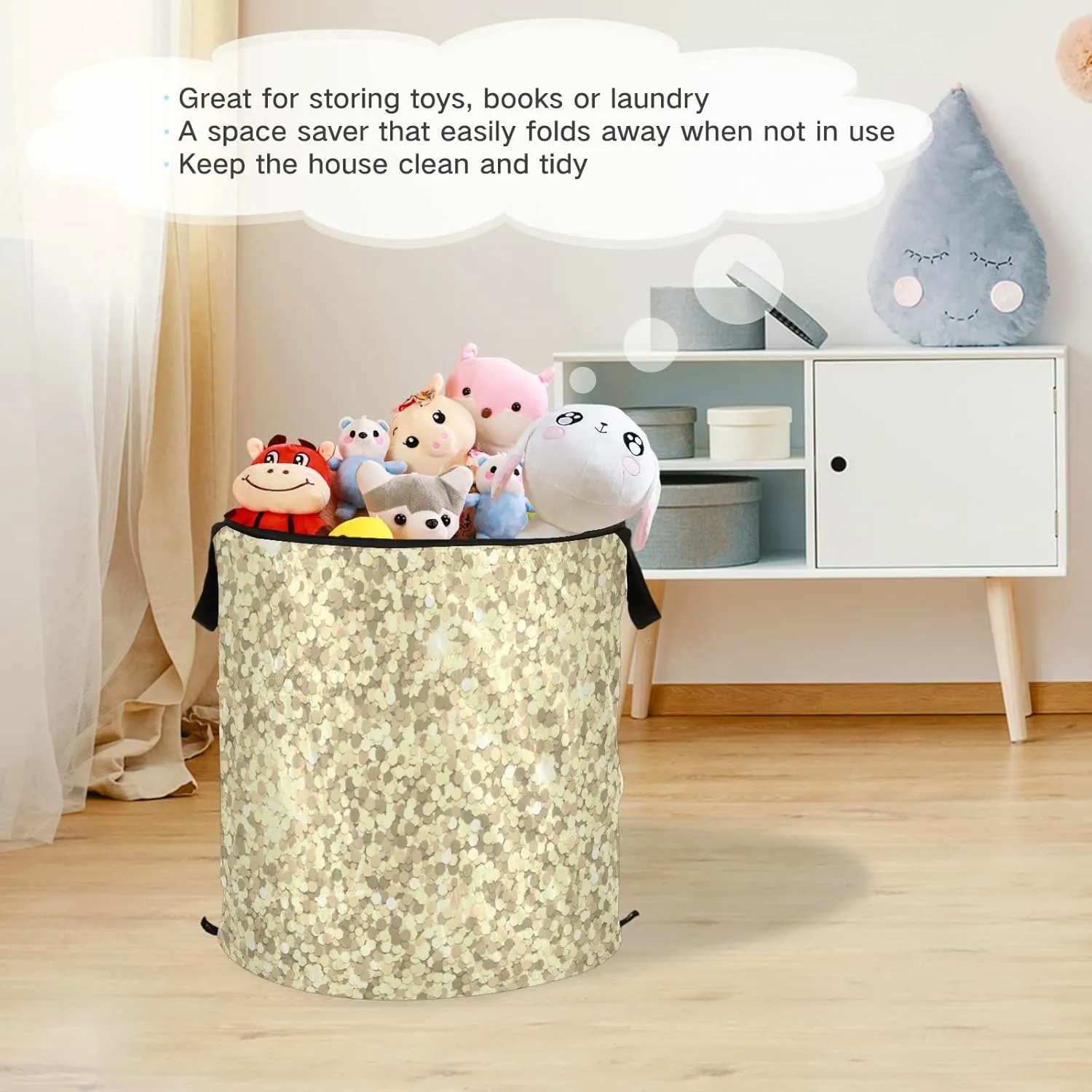 Poeticcity Golden Shiny Gold Glittering Background Yellow Holiday Tinsel Pop Up Laundry Hamper, Collapsible Dirty Clothes Basket with Zipper Lid, Storage Bag Washing Bin for Room College Dorm Travel