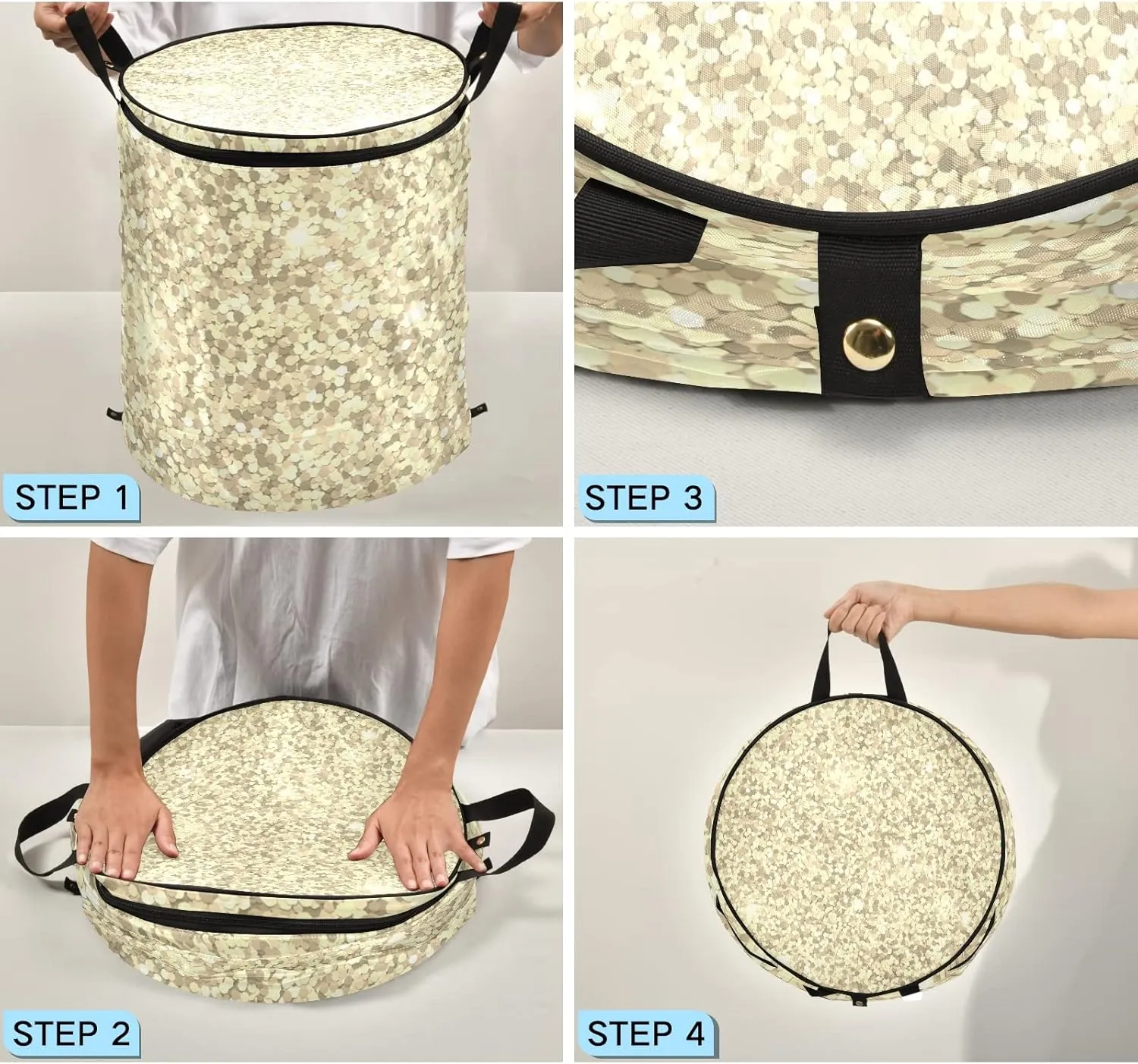 Poeticcity Golden Shiny Gold Glittering Background Yellow Holiday Tinsel Pop Up Laundry Hamper, Collapsible Dirty Clothes Basket with Zipper Lid, Storage Bag Washing Bin for Room College Dorm Travel
