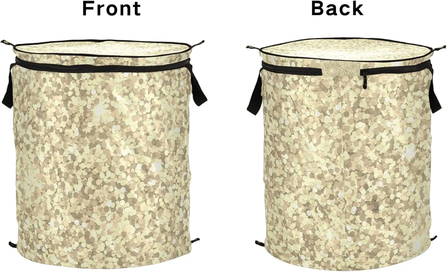 Poeticcity Golden Shiny Gold Glittering Background Yellow Holiday Tinsel Pop Up Laundry Hamper, Collapsible Dirty Clothes Basket with Zipper Lid, Storage Bag Washing Bin for Room College Dorm Travel
