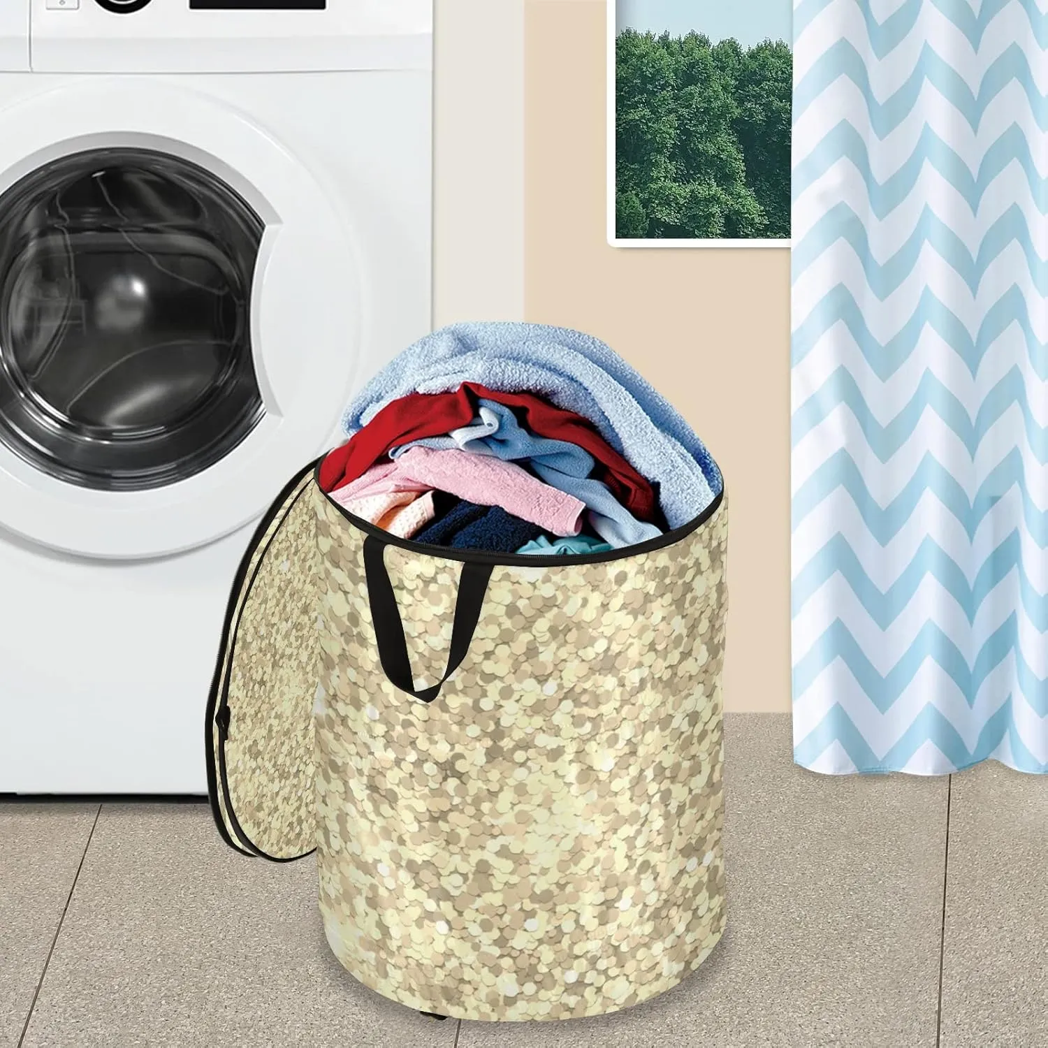 Poeticcity Golden Shiny Gold Glittering Background Yellow Holiday Tinsel Pop Up Laundry Hamper, Collapsible Dirty Clothes Basket with Zipper Lid, Storage Bag Washing Bin for Room College Dorm Travel
